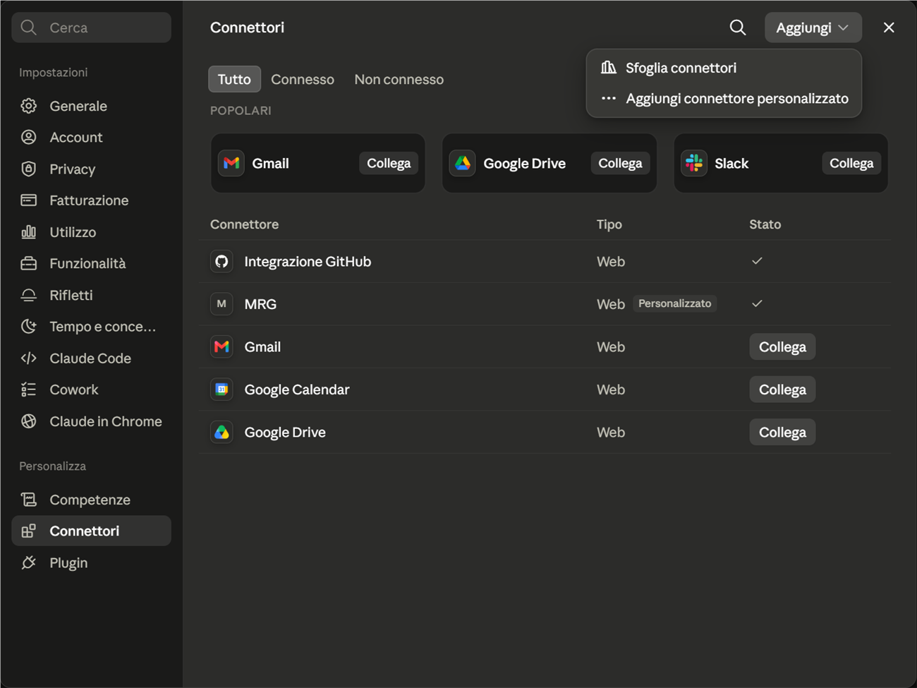 Pannello Connettori di claude.ai con il menu Aggiungi aperto e la voce «Aggiungi connettore personalizzato»