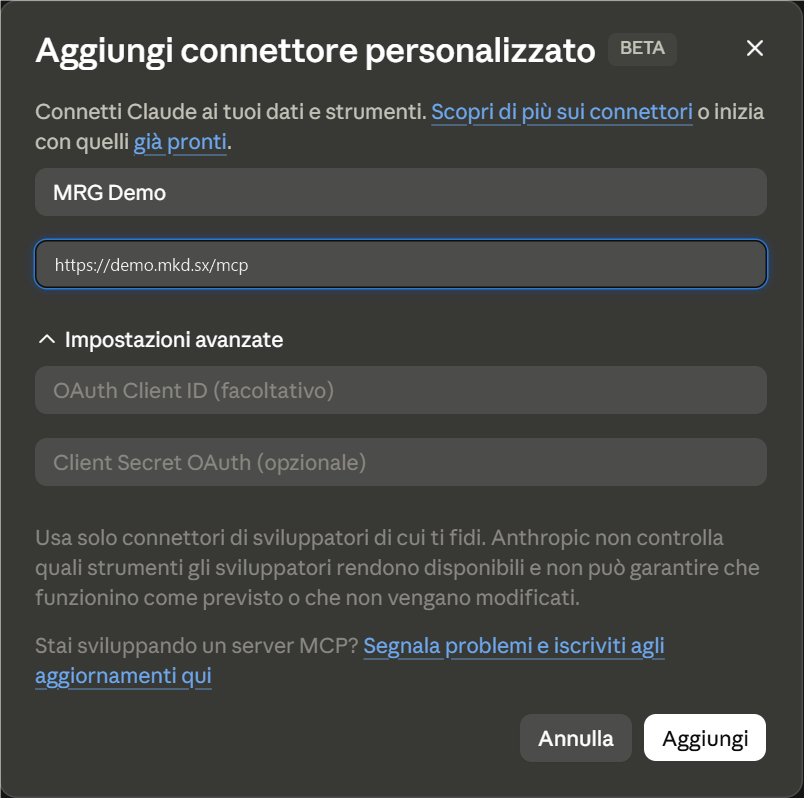 Finestra «Aggiungi connettore personalizzato» con nome MRG Demo e URL della demo compilati