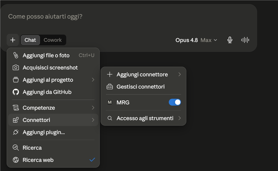 Menu strumenti della chat di claude.ai con l'interruttore del connettore MRG attivo